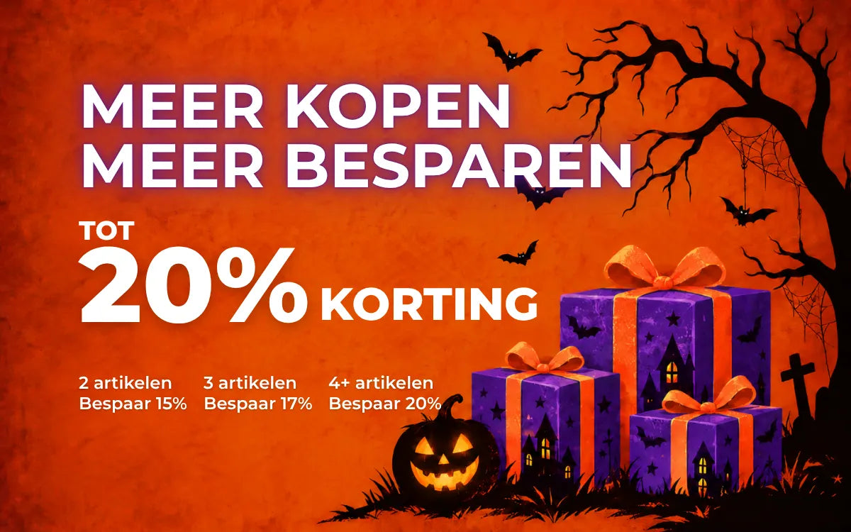 Halloween-stapelkorting: koop 2 artikelen en bespaar 15%, 3 en bespaar 17%, of 4 of meer en bespaar 20%, met paarse cadeaudozen.
