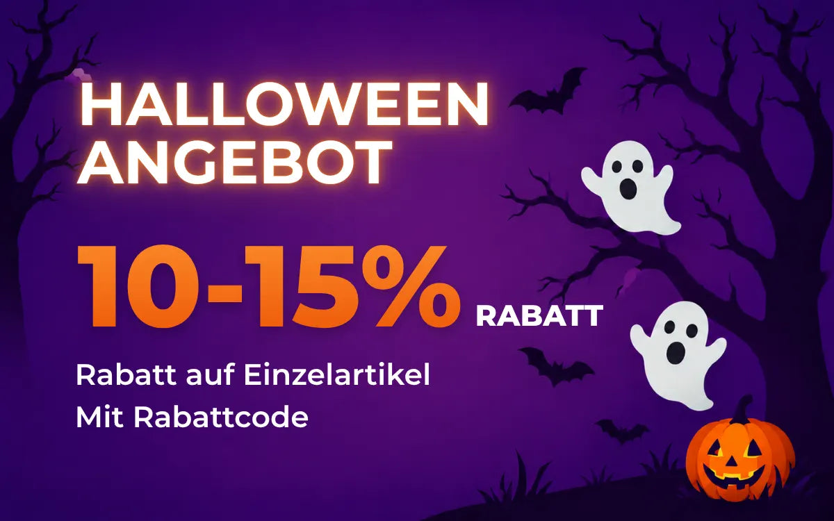 Halloween-Angebot für Einzelartikel: 10–15 % Rabatt mit Rabattcode, mit weißen Geistern und einer Kürbislaterne vor violettem Hintergrund.