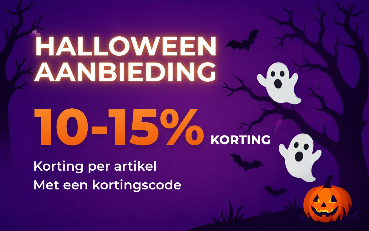 Halloween-aanbieding per artikel: 10–15% korting met een kortingscode, met witte spookjes en een verlichte pompoen op een paarse achtergrond.