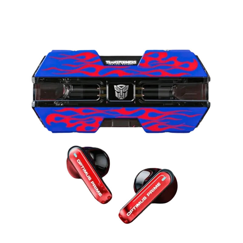 Wireless earbuds with Optimus Prime theme and blue charging case with red flames