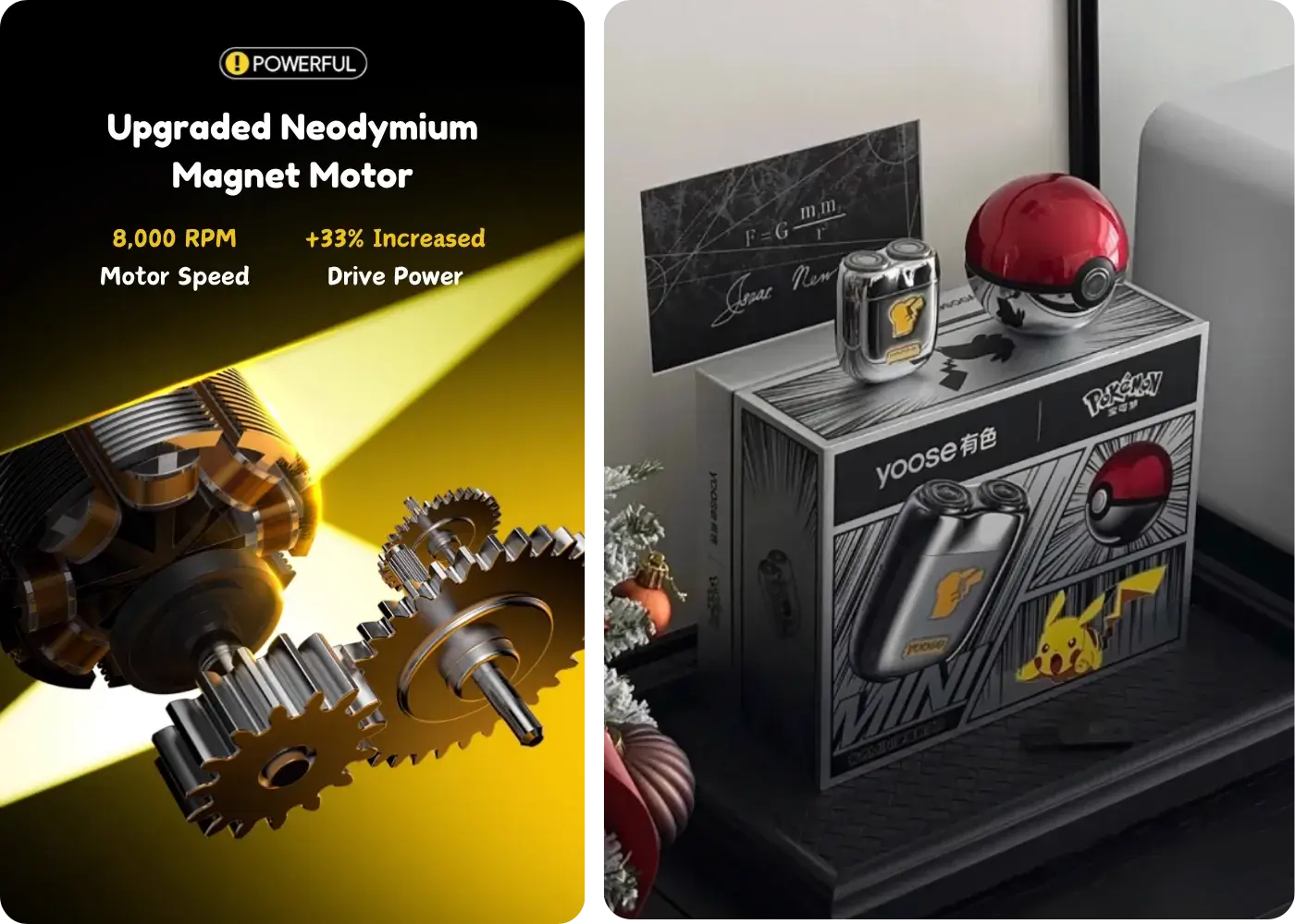 Upgraded 8000 RPM neodymium motor – Yoose Pikachu shaver with more drive power