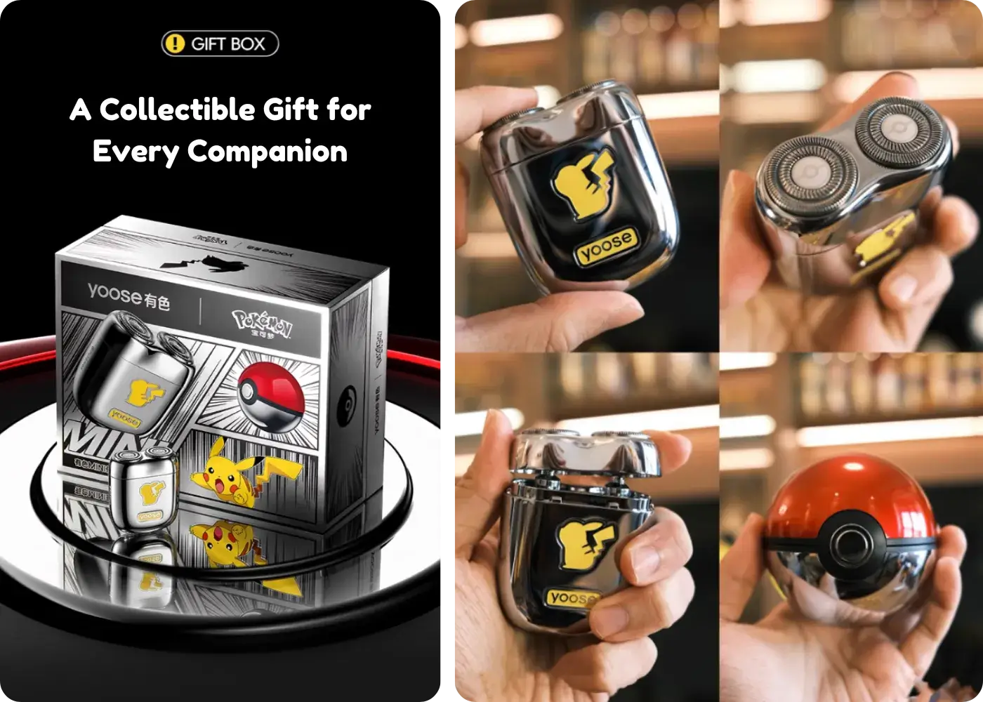 Handheld Yoose shaver and Pokéball shown – unique gift for Pokémon lovers