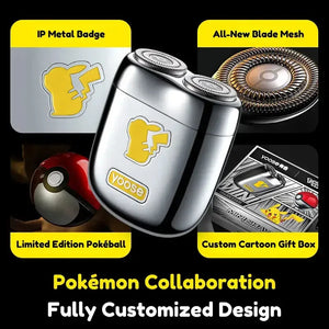Yoose electric foil shaver with Pikachu badge, Pokéball case, and gift box design