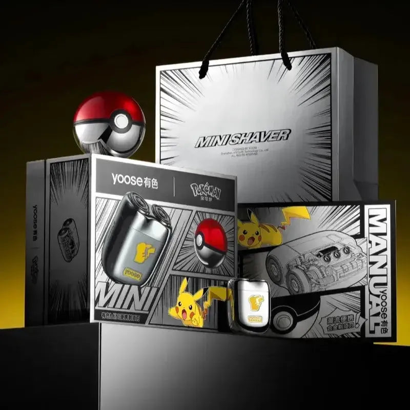 Full Yoose Pokémon shaver gift set with bag, Pokéball case, and Pikachu-themed packaging