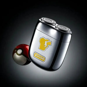 Pokémon-themed Yoose electric shaver with Pikachu badge and red Pokéball case – collectible grooming set