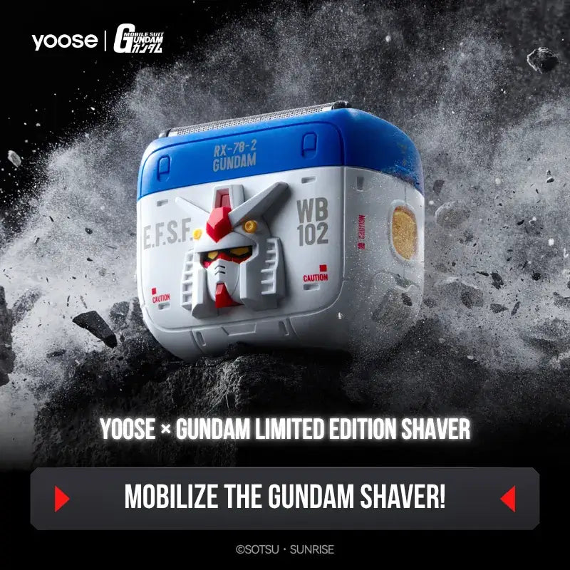 Yoose × Gundam Limited Edition Electric Shaver in dynamic action pose