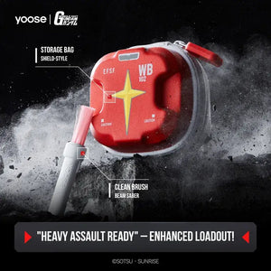 ガンダムのシールド型収納ケースとビーム・サーベル型クリーニングブラシ。Yoose × Gundamシェーバー用アクセサリー