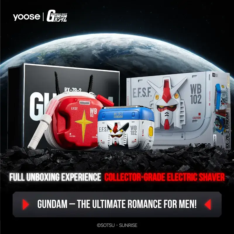 Yoose × Gundam Electric Shaver collector-grade gift box set with packaging
