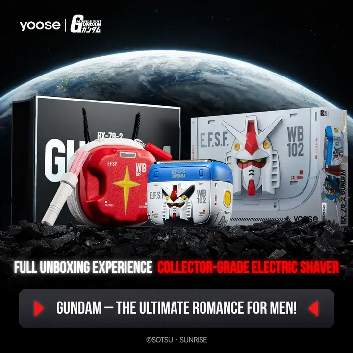 Yoose × Gundam Electric Shaver collector-grade gift box set with packaging