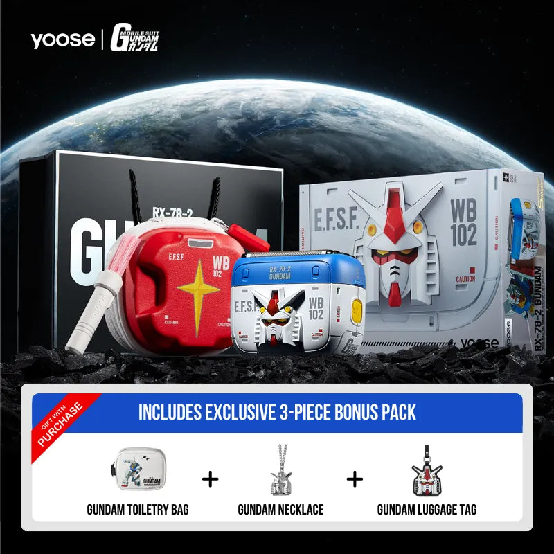 Gundam Toiletry Bag, Necklace and Luggage Tag free gift with Yoose × Gundam Shaver purchase – Limited quantity