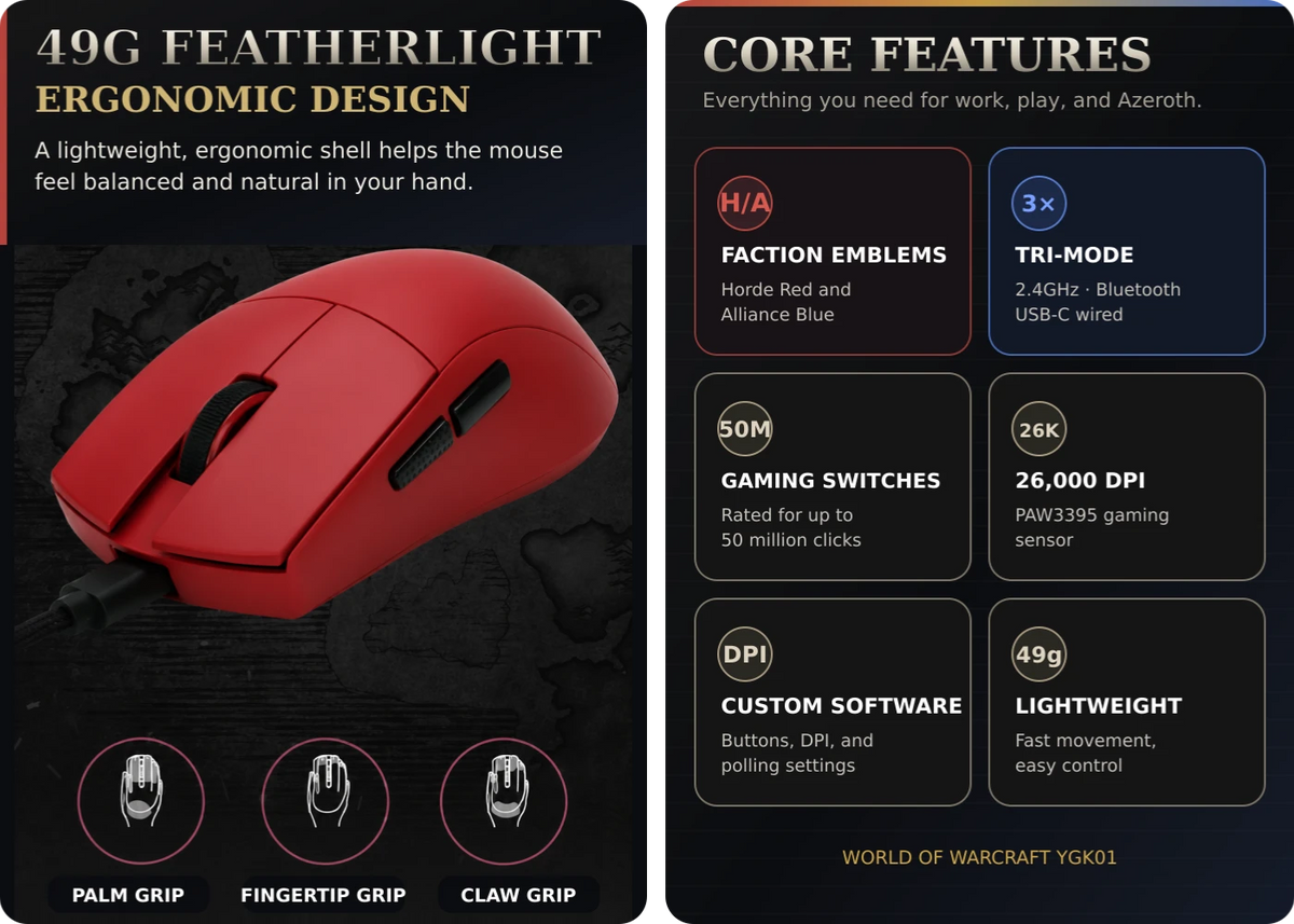 World of Warcraft YGK01 49g Tri-Mode Wireless Gaming Mouse – immagine delle caratteristiche del prodotto