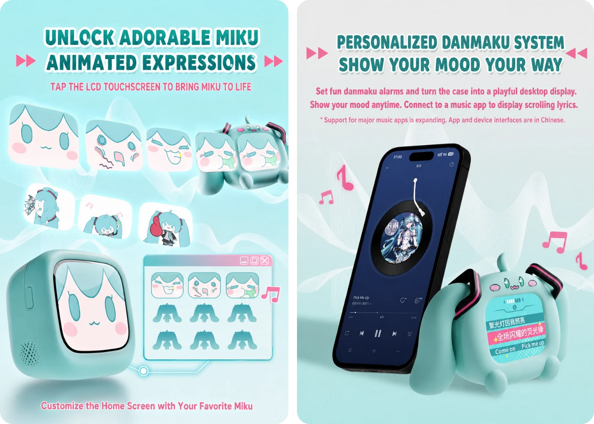 Hatsune Miku earbuds touchscreen with animated expressions and custom danmaku