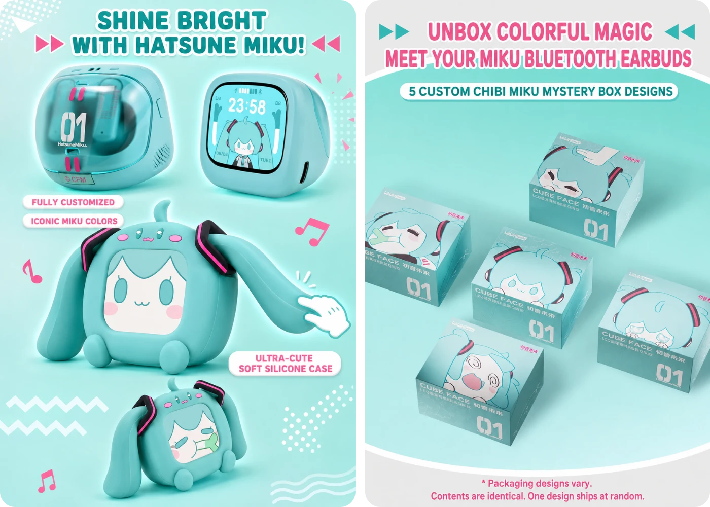 Hatsune Miku CUBE FACE earbuds color options and collector gift packaging