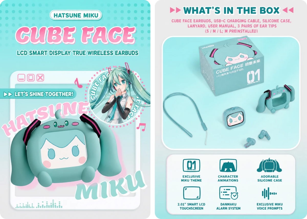 Hatsune Miku CUBE FACE touchscreen earbuds and included package contents