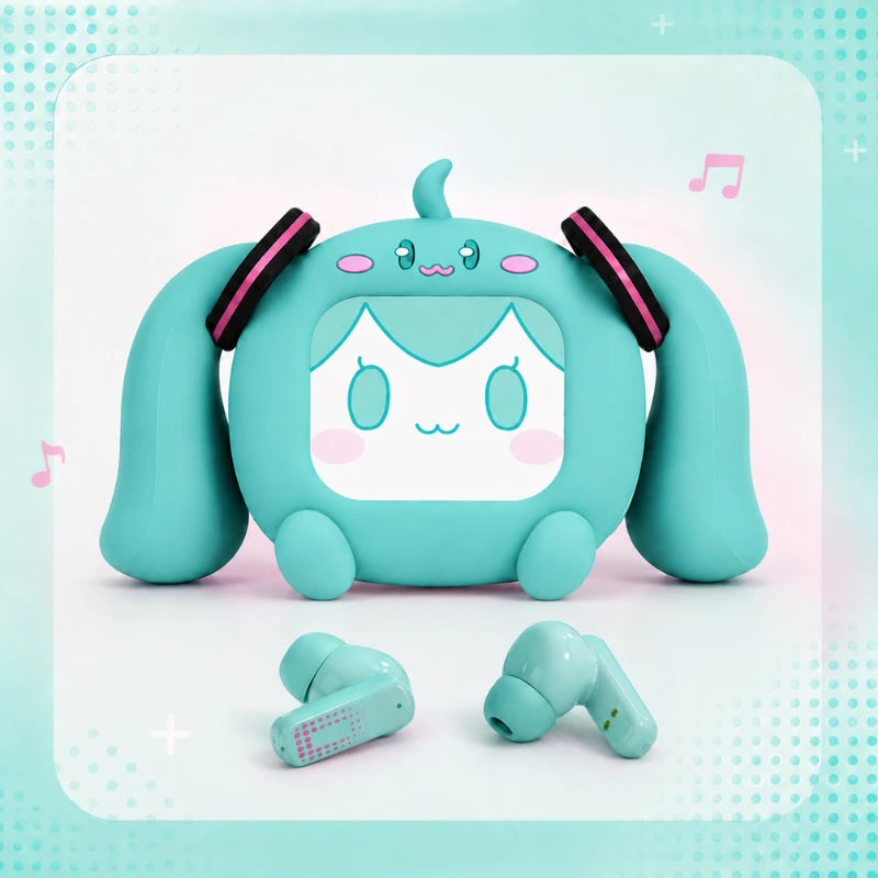 Green Hatsune Miku CUBE FACE wireless earbuds with LCD charging case