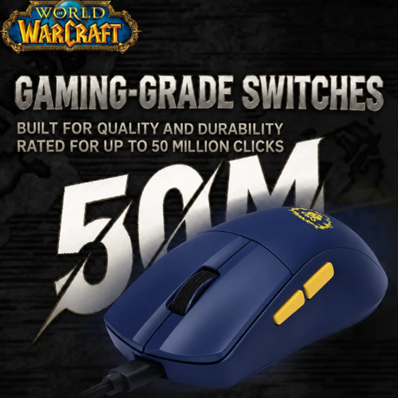 Alliance Blue World of Warcraft YGK01 mouse highlighting switches rated for up to 50 million clicks.