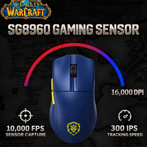Alliance Blue World of Warcraft YGK01 mouse with an SG8960 sensor, up to 16,000 DPI, 10,000 FPS capture, and 300 IPS tracking.