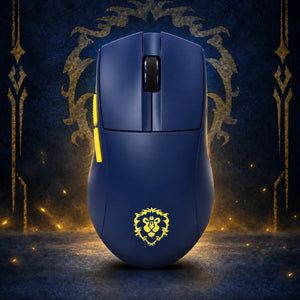 Alliance Blue World of Warcraft YGK01 wireless gaming mouse with the gold lion emblem on a blue faction background.
