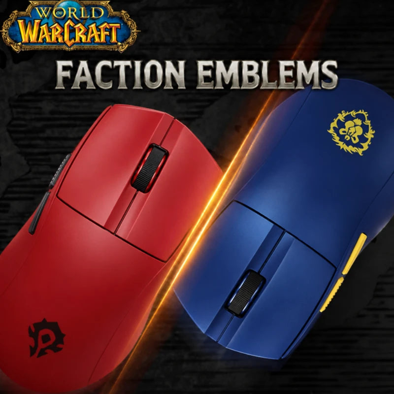 Angled Horde Red and Alliance Blue World of Warcraft YGK01 mice displaying their faction emblems.