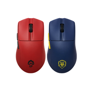 Horde Red and Alliance Blue World of Warcraft YGK01 wireless gaming mice shown from the front on a white background.