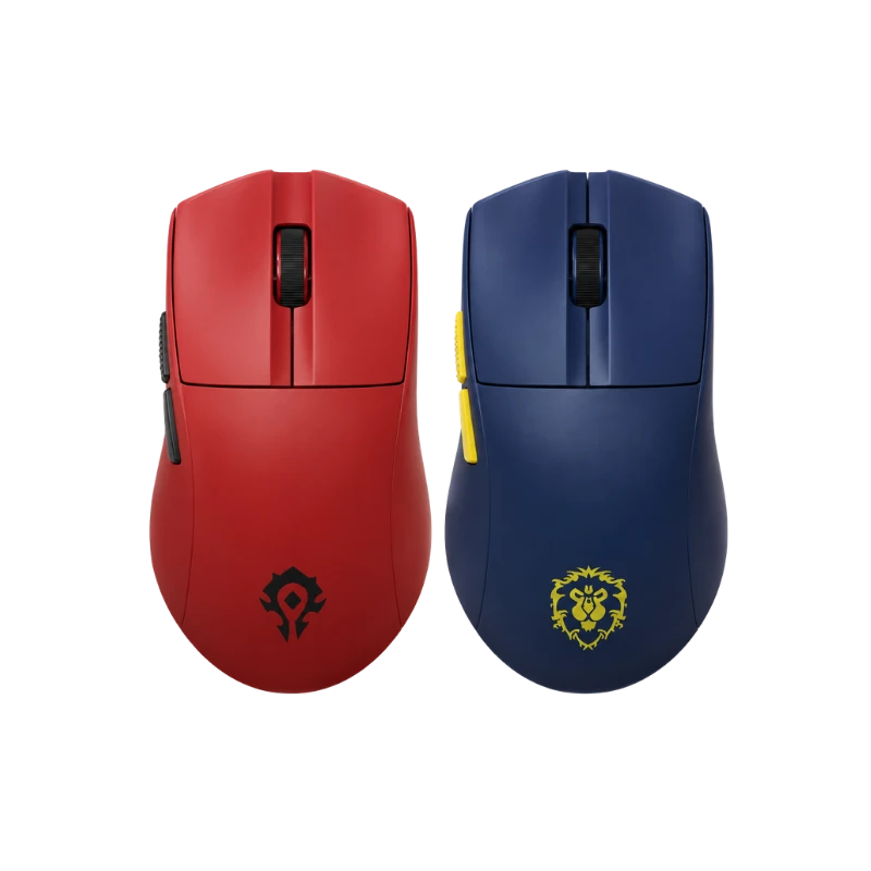 Horde Red and Alliance Blue World of Warcraft YGK01 wireless gaming mice shown from the front on a white background.