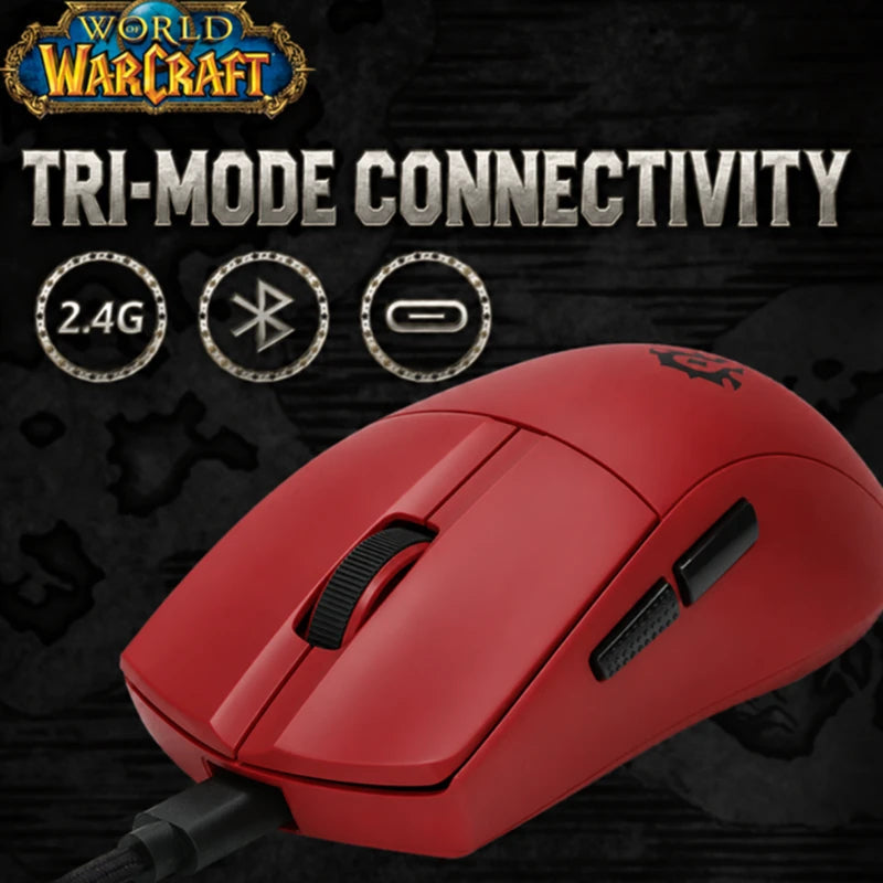 Horde Red World of Warcraft YGK01 mouse with 2.4GHz wireless, Bluetooth, and USB-C wired connection options.