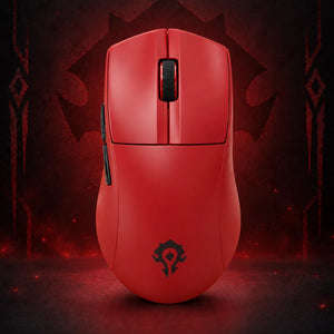 Horde Red World of Warcraft YGK01 wireless gaming mouse with the Horde emblem on a red faction background.