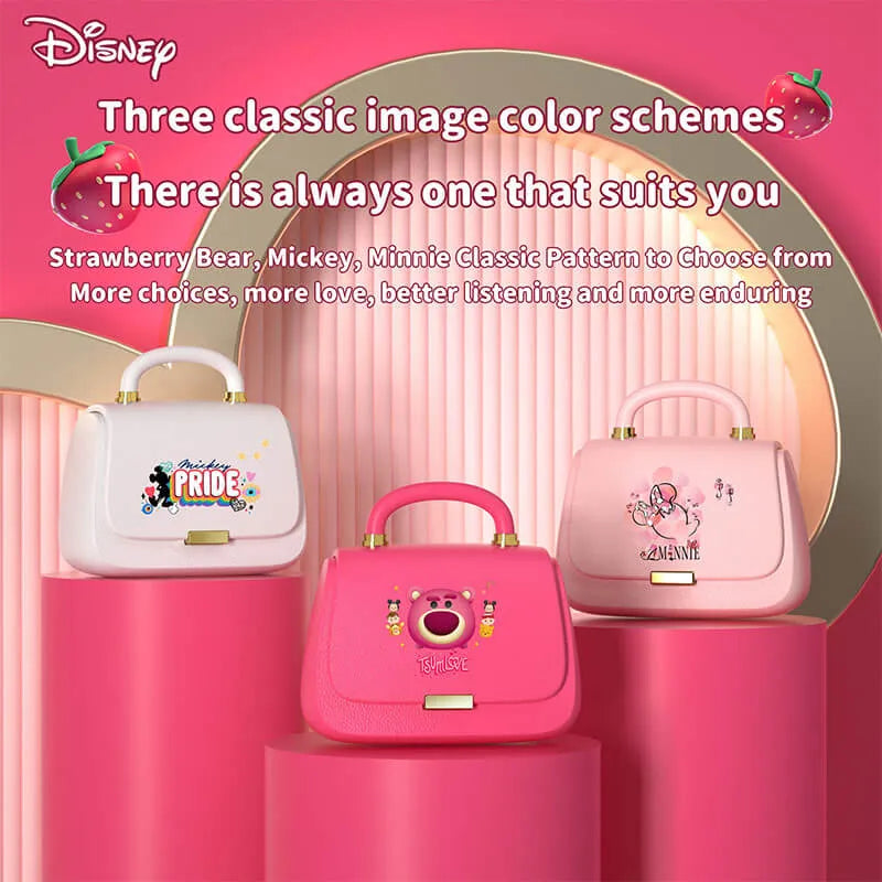 Disney blue Mickey wireless earbuds in a square charging case
