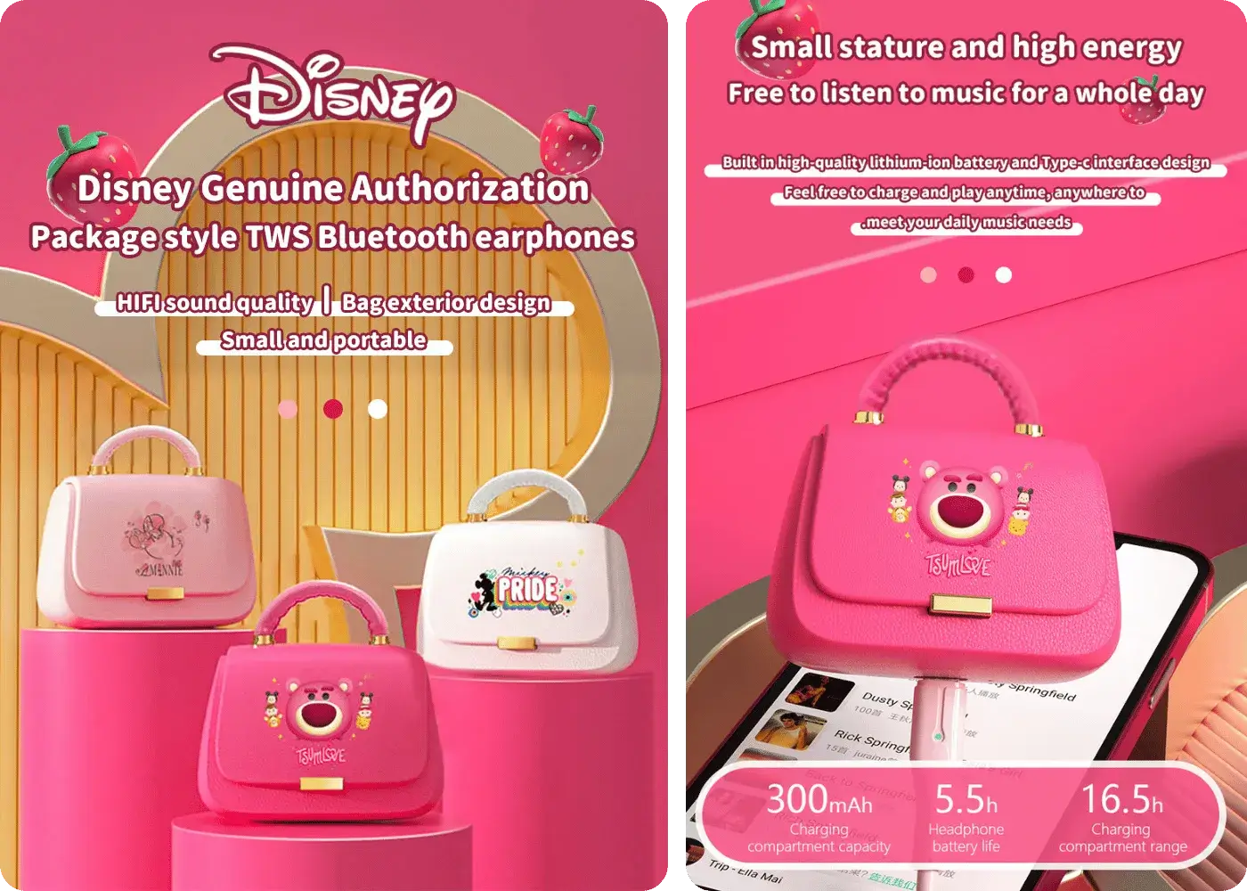 Disney handbag-style wireless earphones with touch controls, clear calls and long battery life