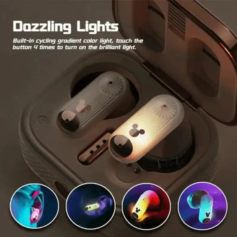 Disney transparent earbuds with colorful charging-case lighting