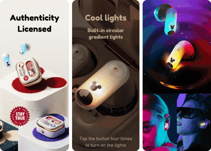 Disney transparent wireless earbuds with colorful lights, noise cancellation and long battery life