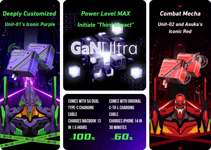 PISEN Evangelion EVA-01 and EVA-02 GaN chargers with compact foldable design and fast charging