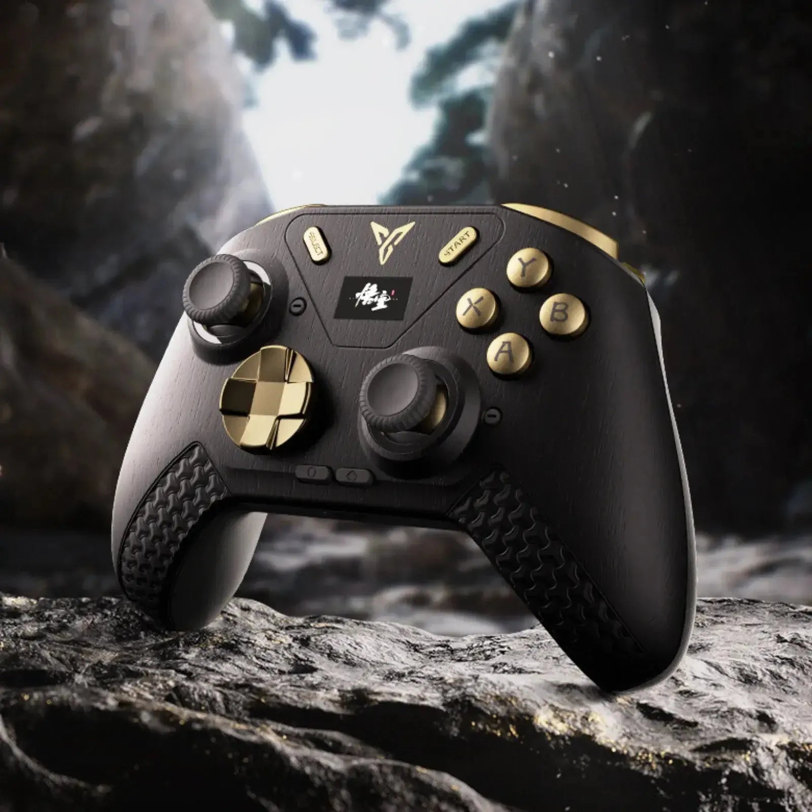 Flydigi APEX 4 Black Myth Wukong controller displayed on a rock