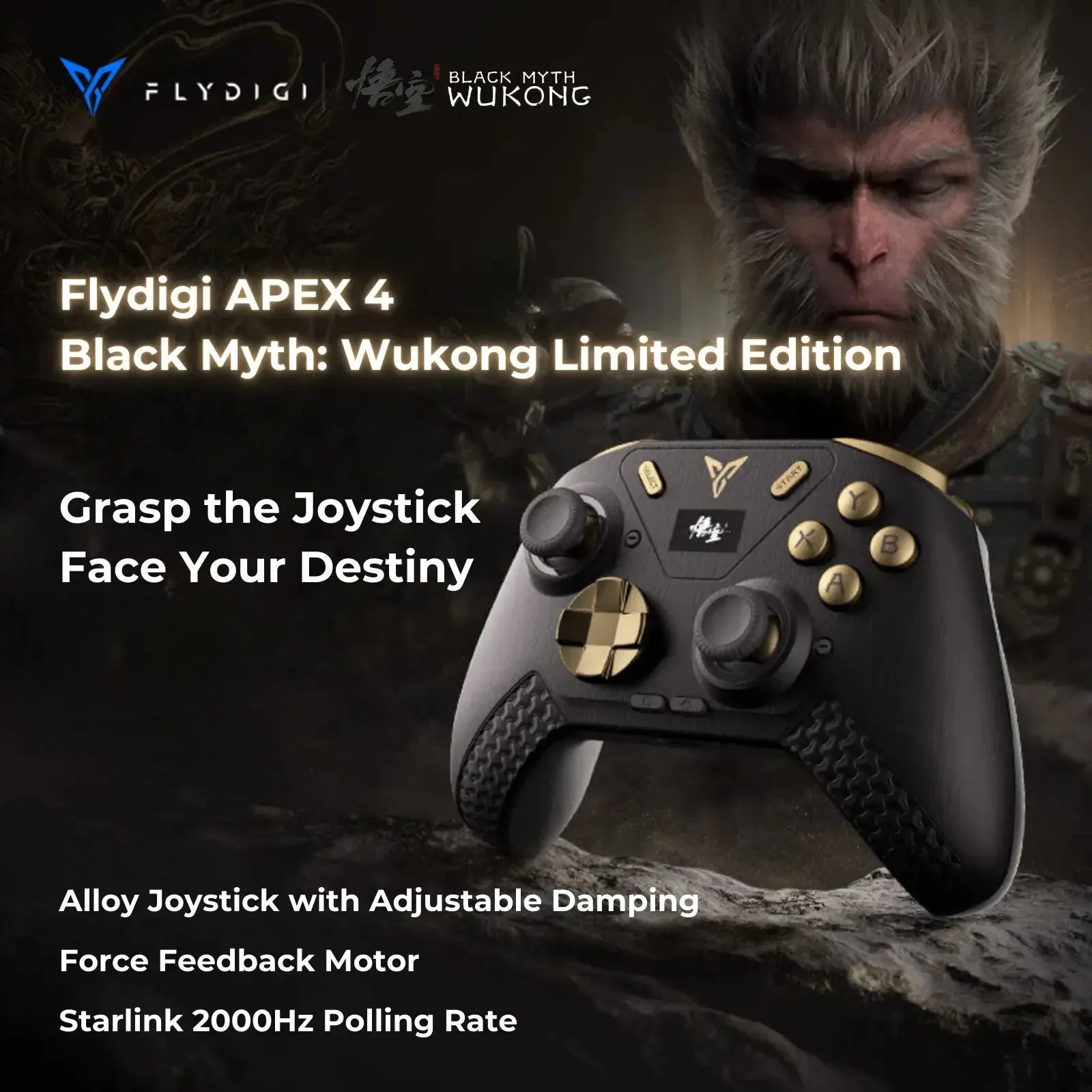 Flydigi APEX 4 Black Myth Wukong controller with gold buttons and textured grips