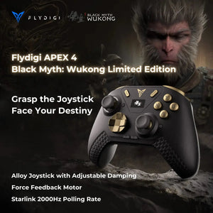 Flydigi APEX 4 Black Myth Wukong controller with gold buttons and textured grips