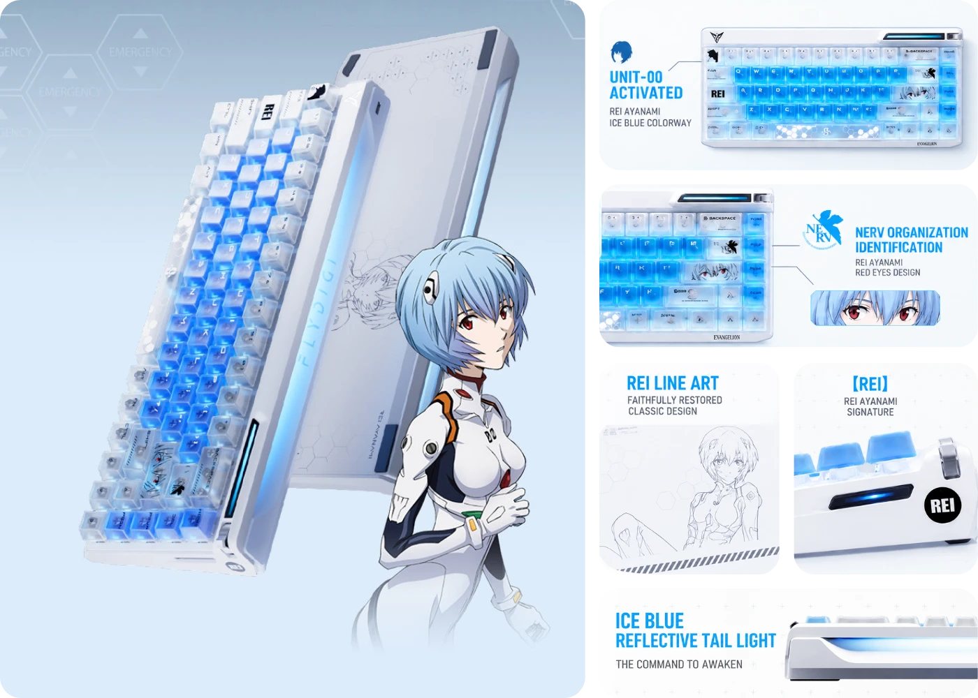 Flydigi Evangelion FS68 keyboard styled around Rei Ayanami