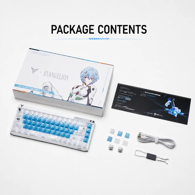 Flydigi Evangelion Rei FS68 keyboard and package contents