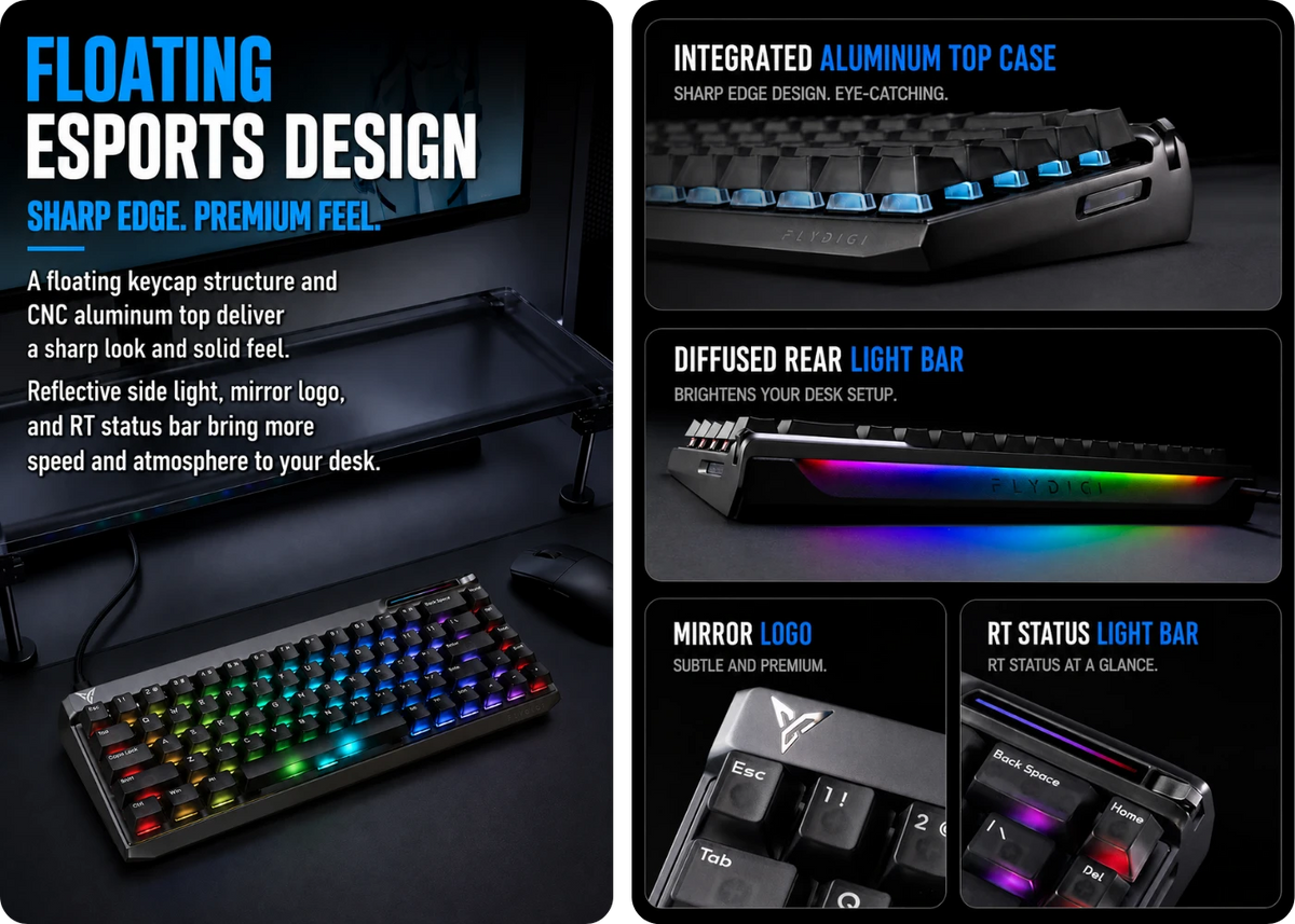Compact esports design of the Flydigi FS68 magnetic gaming keyboard