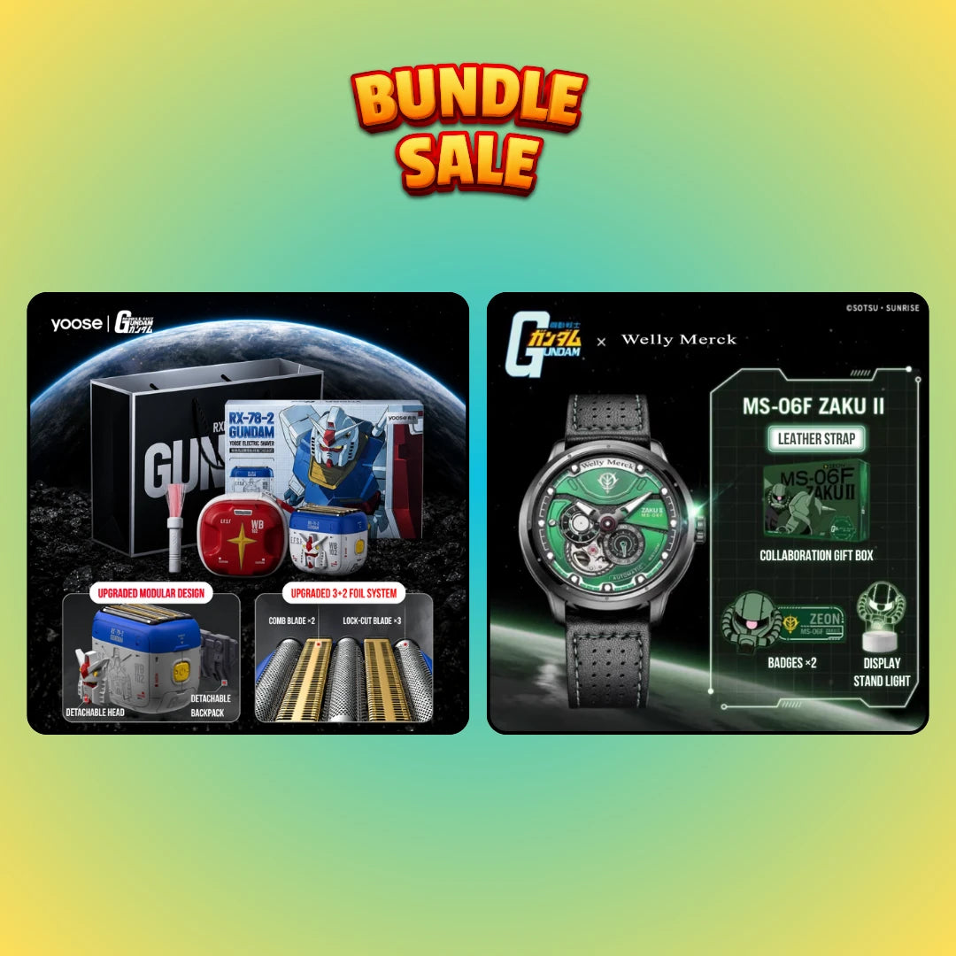 Enhanced RX-78-2 shaver and green Zaku watch leather strap bundle