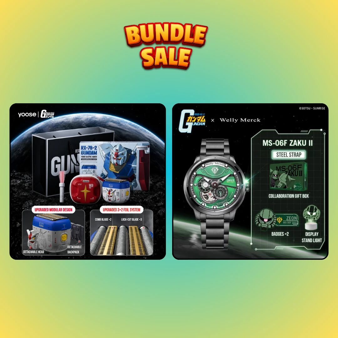 Enhanced RX-78-2 shaver and green Zaku watch steel strap bundle