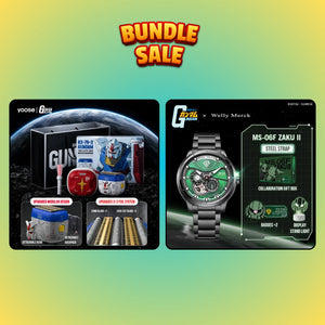 Enhanced RX-78-2 shaver and green Zaku watch steel strap bundle