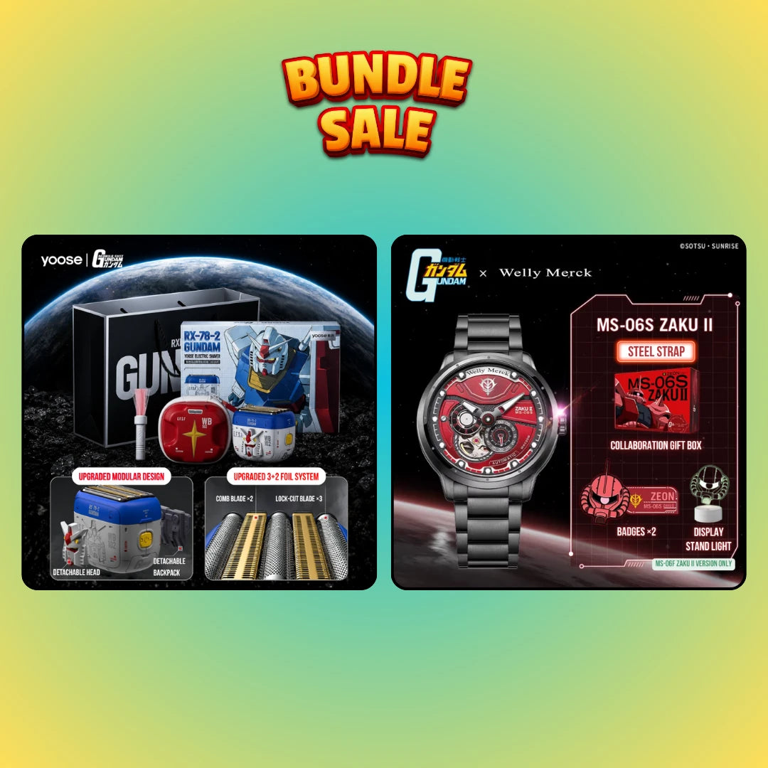 Enhanced RX-78-2 shaver and red Zaku watch steel strap bundle