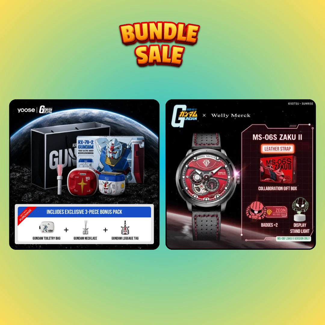 Gundam RX-78-2 shaver gift set and red Zaku watch bundle option