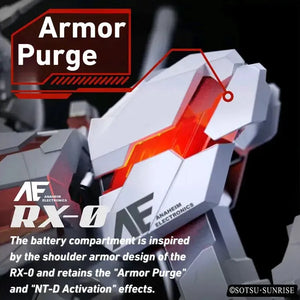 Gundam Unicorn RX-0 earbud case showing armor purge mechanism