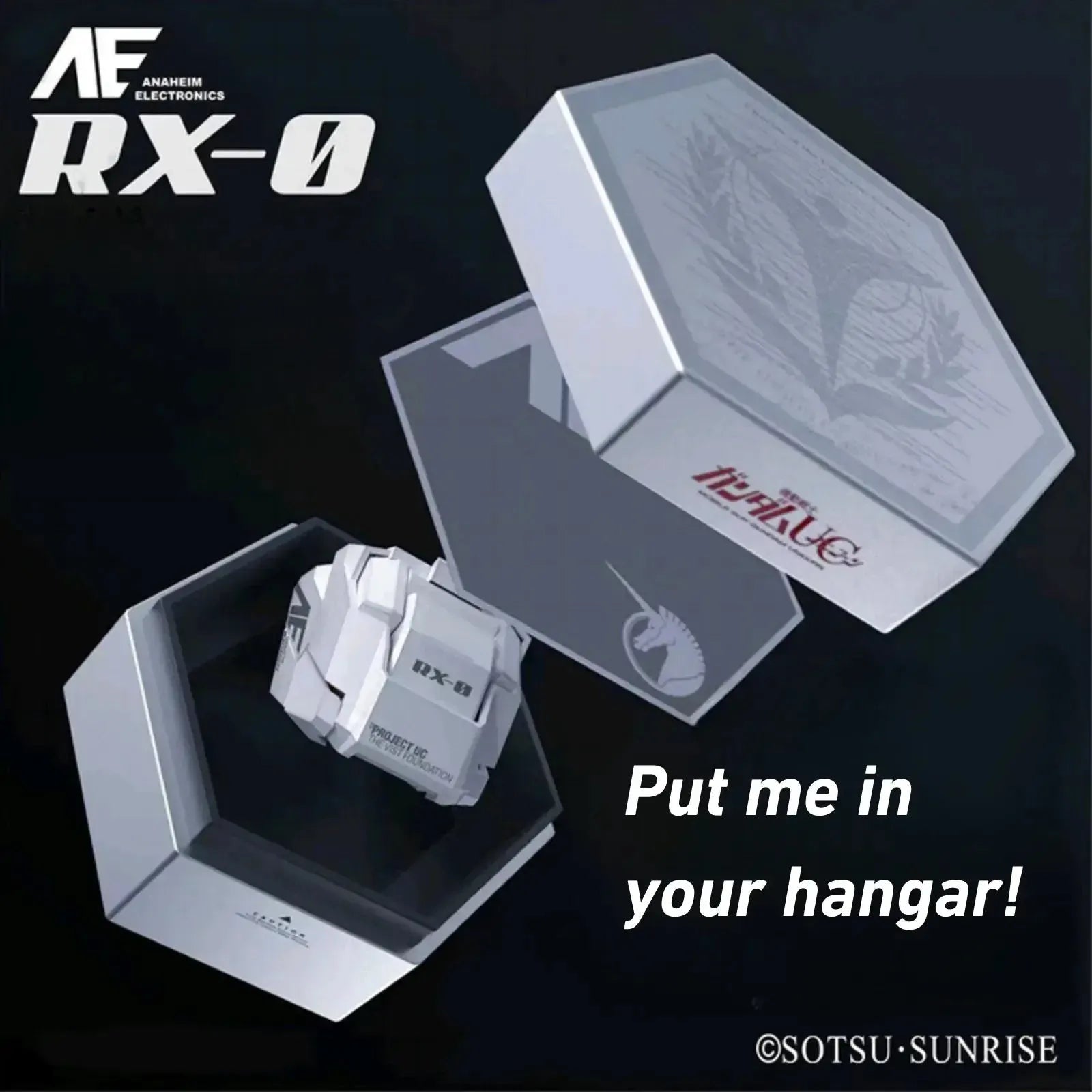 Gundam Unicorn RX-0 earbuds charging case displayed as a mobile suit hangar