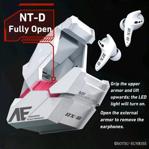 RX-0 Unicorn Gundam earbuds inside the fully opened charging case