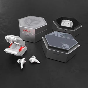 Gundam Unicorn RX-0 earbuds, charging case, accessories, and gift boxes