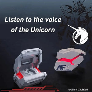 RX-0 earbuds with Unicorn Gundam voice prompts and illuminated case