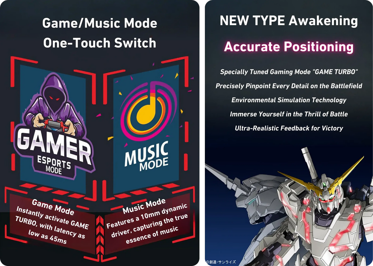 Gundam Unicorn RX-0 earbuds with low-latency game mode switching