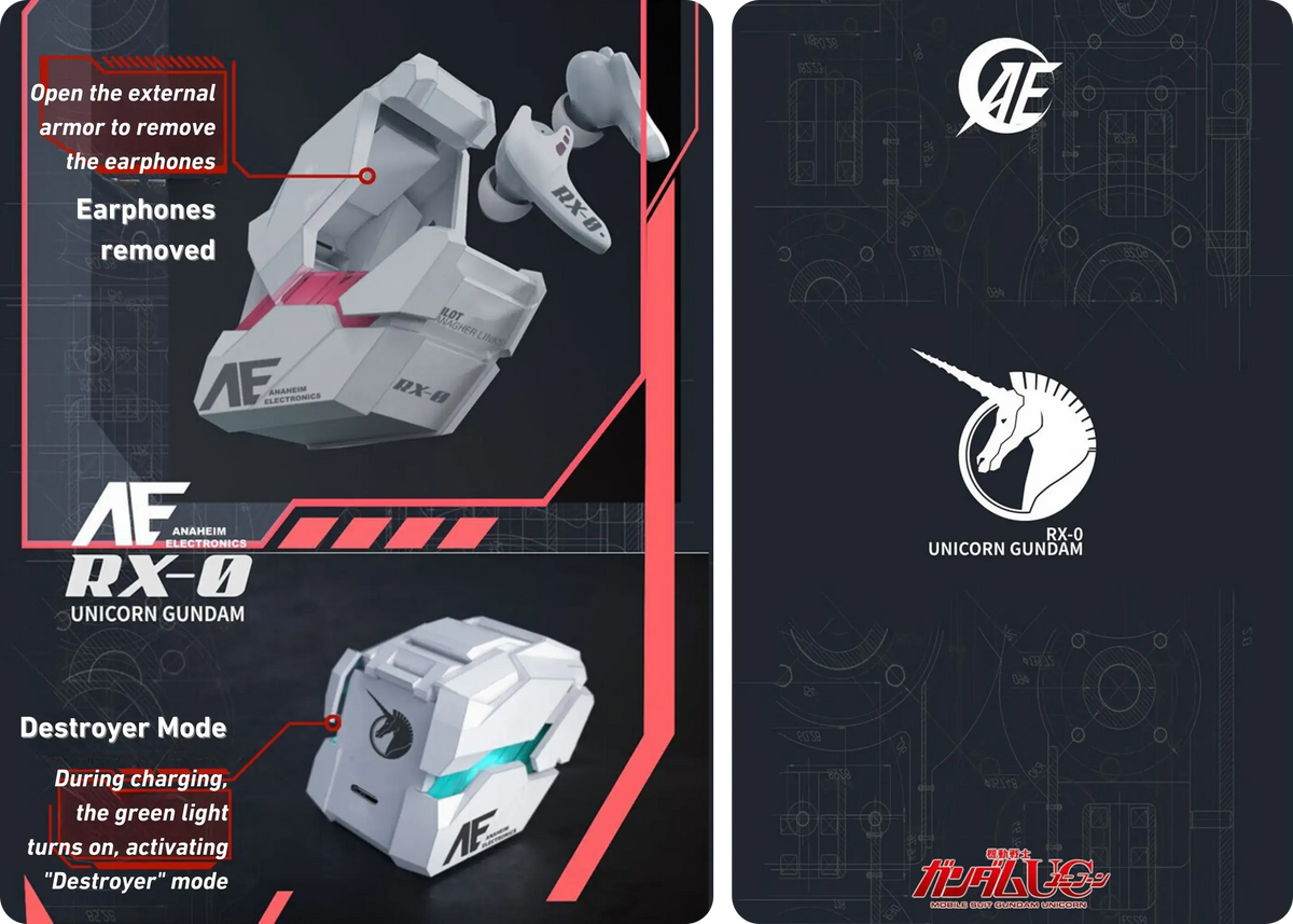 Gundam Unicorn RX-0 earbuds with instant Bluetooth pairing